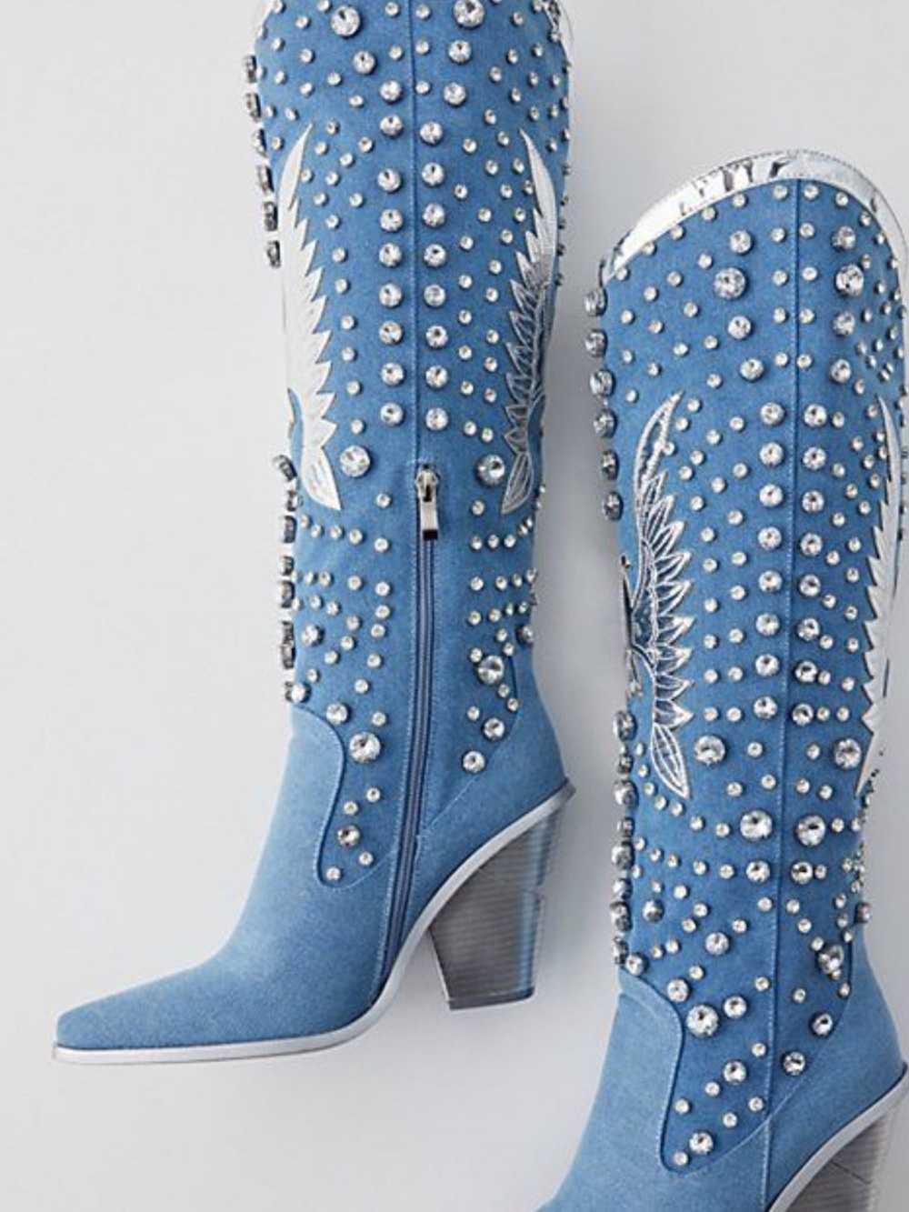 Azalea Wang Denim Studded Blue Western Knee-High Boots 8.5